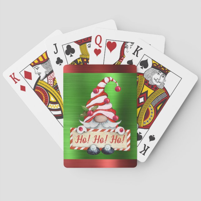 Christmas Gnome Ho! Ho! Ho! Red Green Metallic Playing Cards (Back)