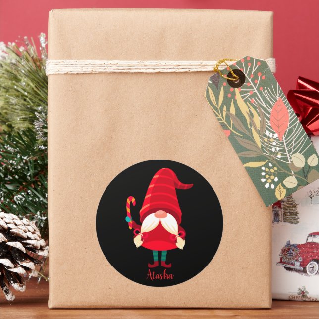 Christmas Gnome Holding A Candy Cane Classic Round Sticker (Holiday)