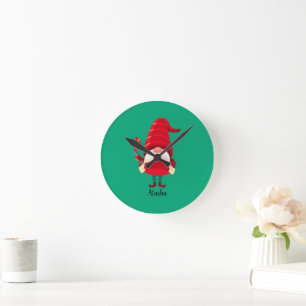 Christmas Gnome Holding A Candy Cane Round Clock