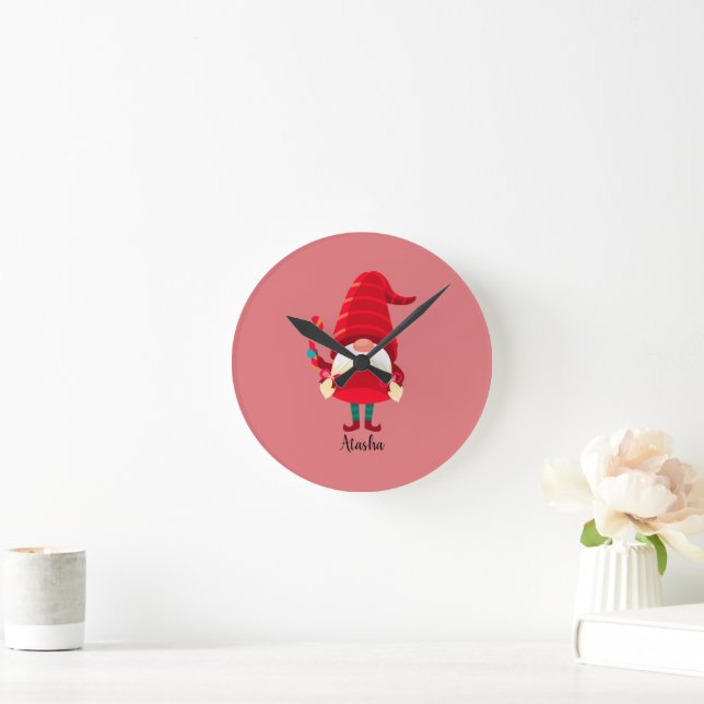 Christmas Gnome Holding A Candy Cane Round Clock (Home)