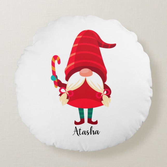 Christmas Gnome Holding A Candy Cane Round Cushion (Front)