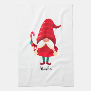 Christmas Gnome Holding A Candy Cane Tea Towel