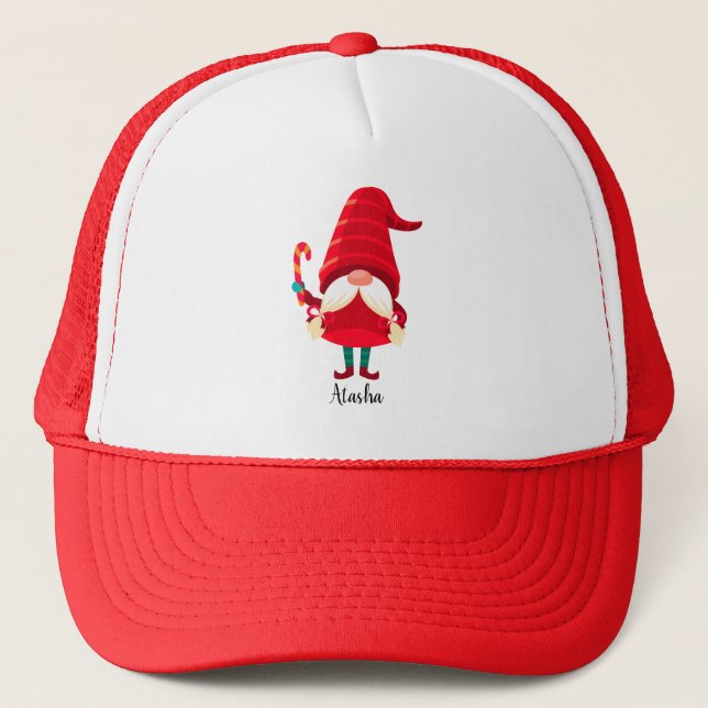 Christmas Gnome Holding A Candy Cane Trucker Hat (Front)