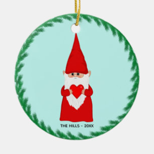 Christmas Gnome Holding a Heart on Light Blue Ceramic Tree Decoration