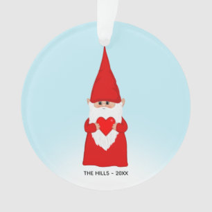 Christmas Gnome Holding a Heart on Light Blue Ornament