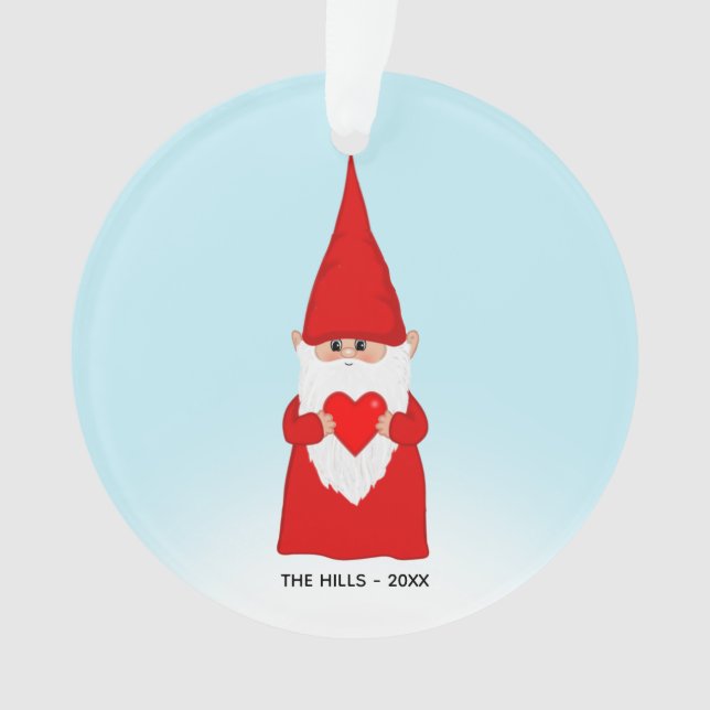 Christmas Gnome Holding a Heart on Light Blue Ornament (Front)