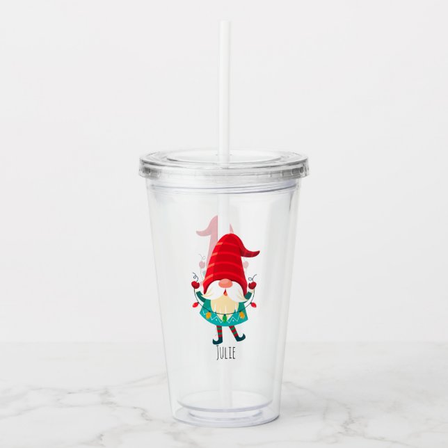 Christmas Gnome Holding Christmas Lights Acrylic Tumbler (Front)