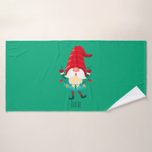 Christmas Gnome Holding Christmas Lights Bath Towel