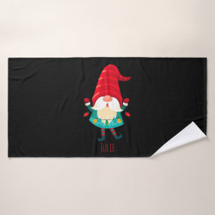 Christmas Gnome Holding Christmas Lights Bath Towel