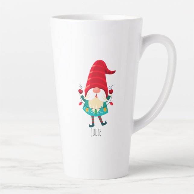 Christmas Gnome Holding Christmas Lights Latte Mug (Right)