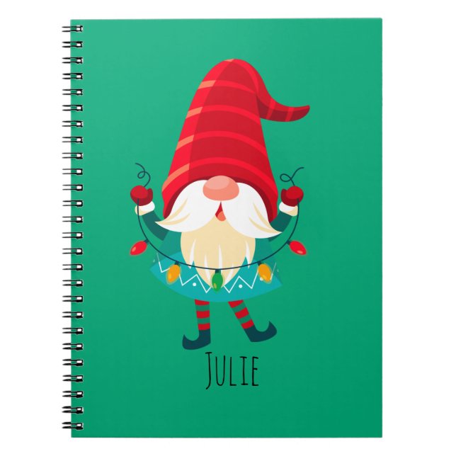 Christmas Gnome Holding Christmas Lights Notebook (Front)