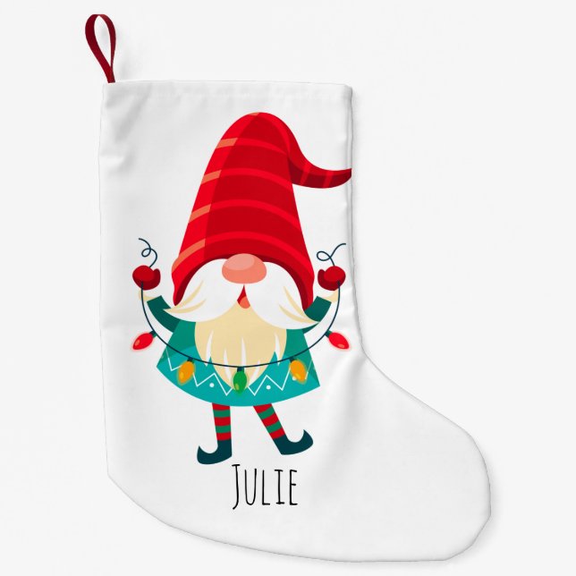 Christmas Gnome Holding Christmas Lights Small Christmas Stocking (Front)