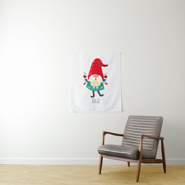 Christmas Gnome Holding Christmas Lights Tapestry (In Situ)