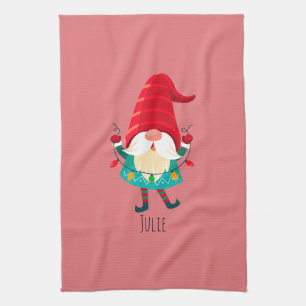 Christmas Gnome Holding Christmas Lights Tea Towel