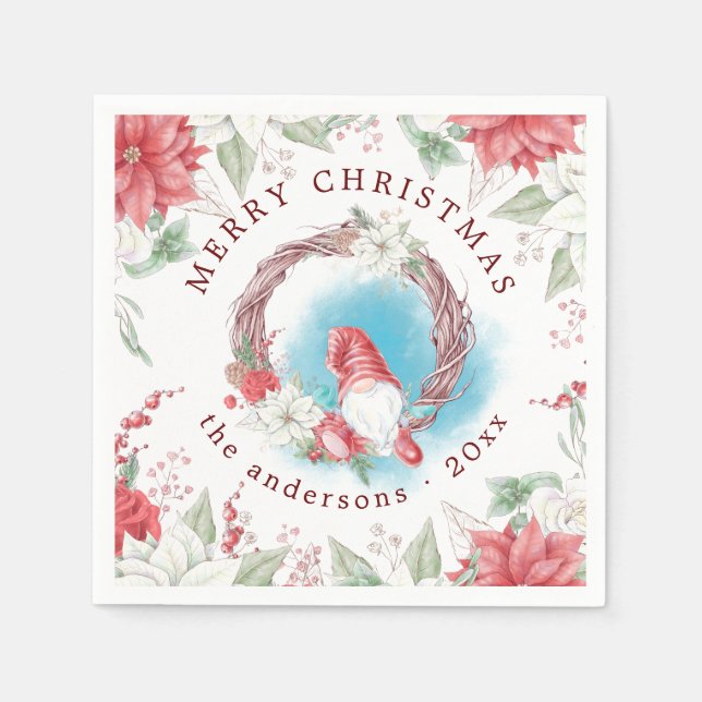 Christmas gnome holiday elegant floral napkin (Front)