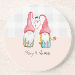 Christmas Gnome In Love Watercolor Hand-painted Coaster