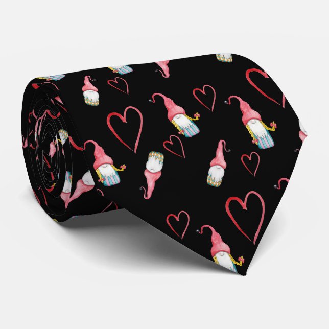 Christmas Gnome In Love Watercolor Hand-painted Tie (Rolled)