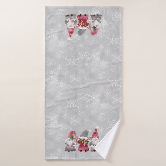 Christmas Gnome Love Joy Peace Grey Snowflakes Bath Towel (Bath Towel)