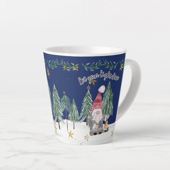 Christmas Gnome Navy Blue Light Shine Stars trees Latte Mug (Right Angle)