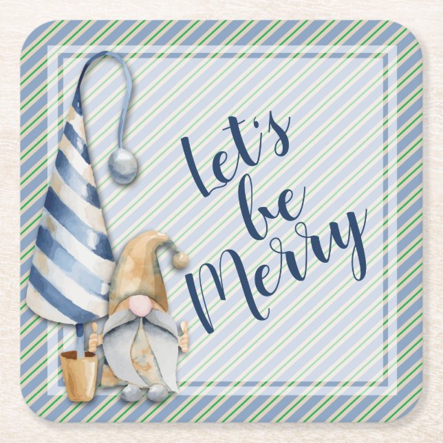 Christmas Gnome on Blue Stripes Holiday Square Paper Coaster (Front)