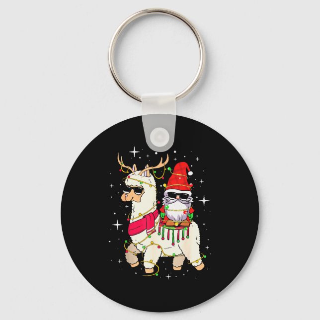 Christmas Gnome On Llama, Cute Alpaca Chanukah Chr Key Ring (Front)