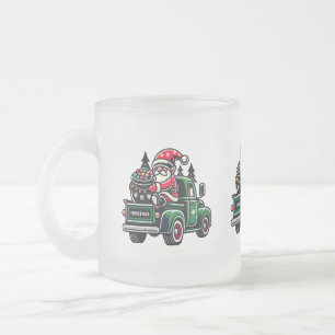 Christmas Gnome On Pickup Truck Frosted Glass Coffee Mug