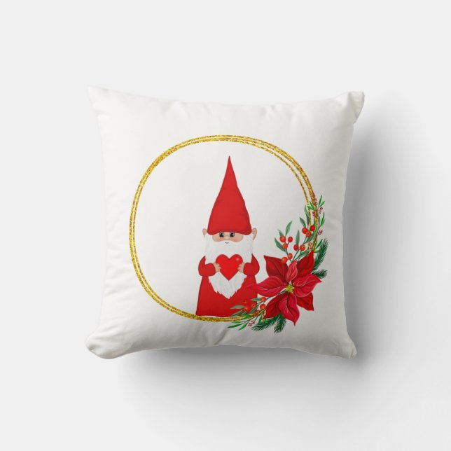 Christmas gnome on white throw pillow (Front)