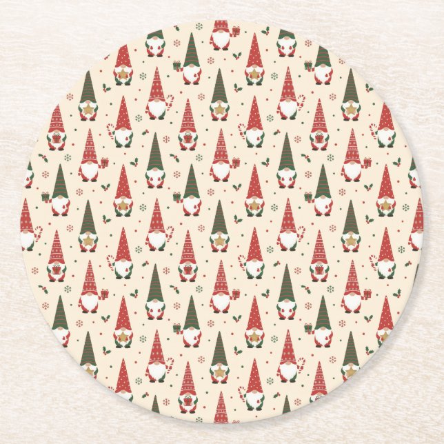 Christmas Gnome Party Pattern Round Paper Coaster (Front)
