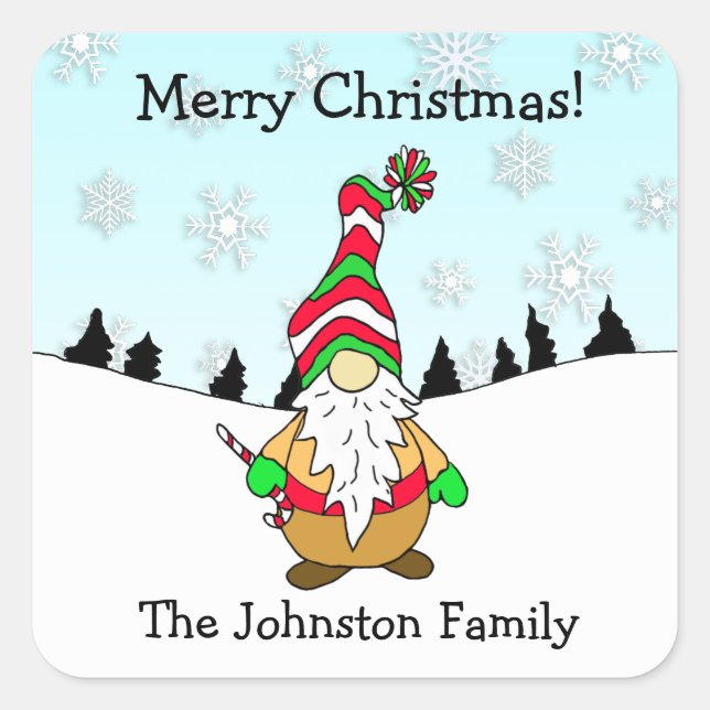 Christmas Gnome Personalised Holiday Square Sticker (Front)