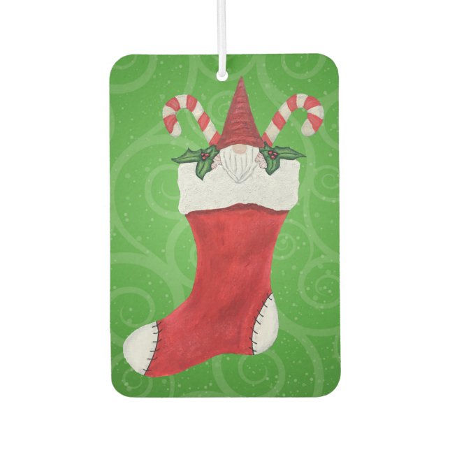 Christmas Gnome Red Hat in Stocking on Green Swirl Car Air Freshener (Front)
