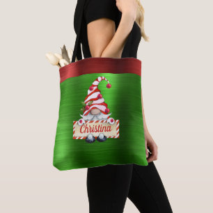 Christmas Gnome Red Striped Hat Green Metallic Tote Bag