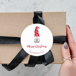 Christmas gnome red white family name cute  classic round sticker<br><div class="desc">A cute Christmas gnome,  scandi style in red,  white and grey. With the text: Merry Christmas.  Personalise and add your name.</div>