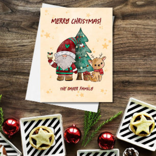 Christmas Gnome Reindeer Watercolor Holiday Postcard
