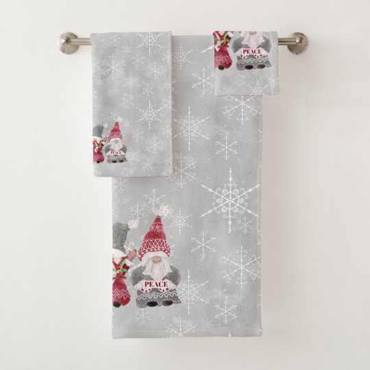 Christmas Gnome Scandinavian Love Joy Peace Grey Bath Towel Set Christmas Bath Towel