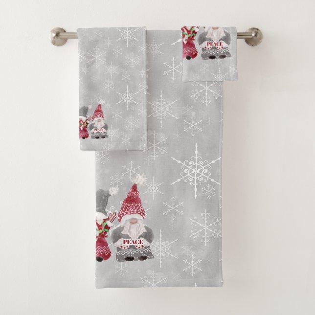 Christmas Gnome Scandinavian Love Joy Peace Grey Bath Towel Set (Insitu)