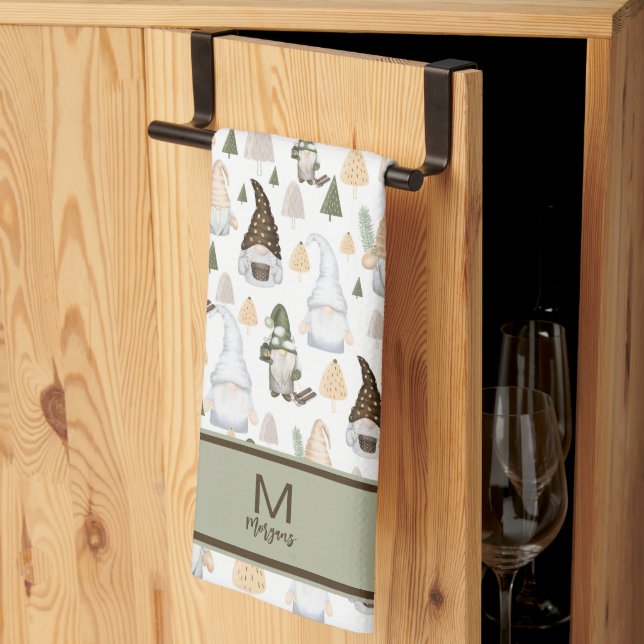 Christmas Gnome Scandinavian Pattern Monogram Tea Towel (Thirds Fold)