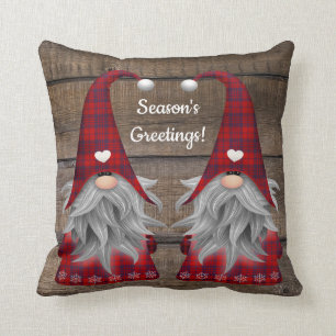 Christmas Gnome Season's Greetings Rustic Wood Cushion