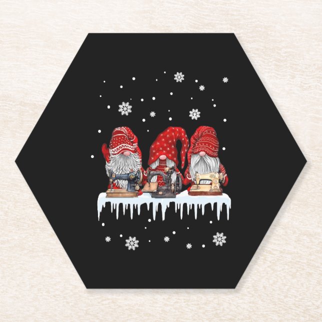 Christmas Gnome Shirt Red Gnomies Sewing Machine F Paper Coaster (Front)