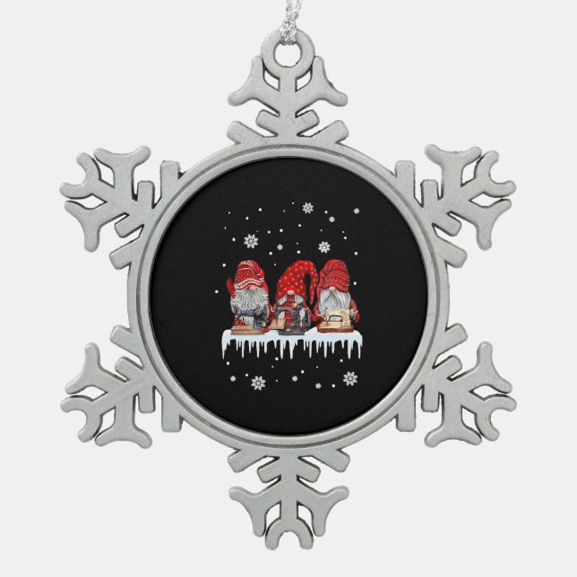 Christmas Gnome Shirt Red Gnomies Sewing Machine F Snowflake Pewter Christmas Ornament (Front)