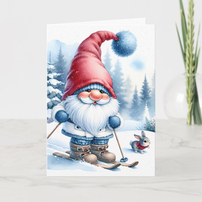 Christmas Gnome Skiing With a Bunny Holiday Card (Front)