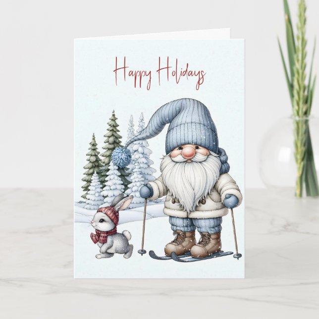 Christmas Gnome Skiing With a Bunny Holiday Card (Front)