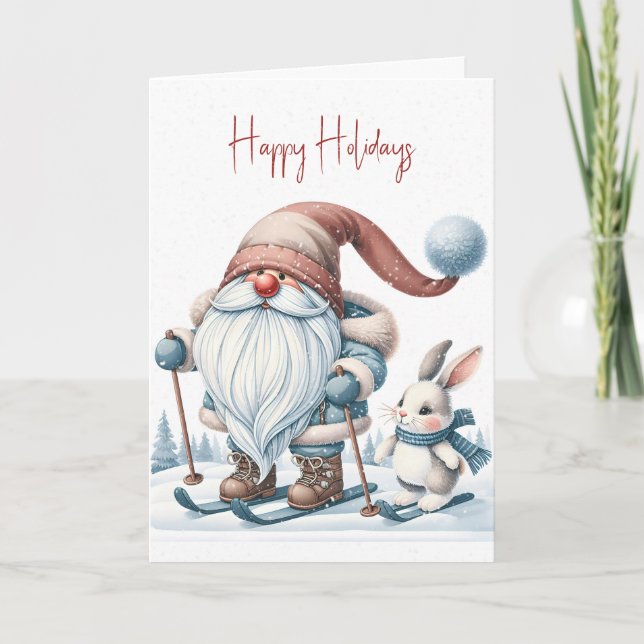Christmas Gnome Skiing With a Bunny Holiday Card (Front)