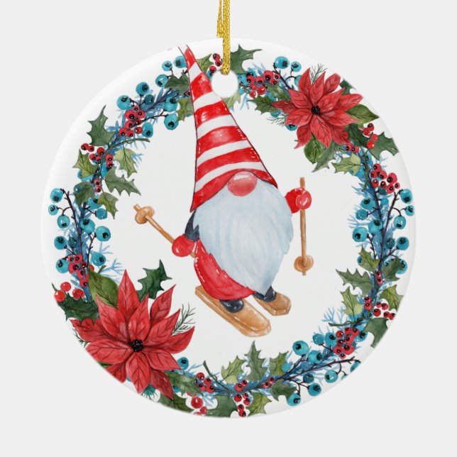 Christmas Gnome Skiing, with Wreath Ornament (Back)