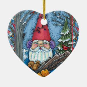 CHRISTMAS GNOME, SQUIRREL, WOODPECKER & CARDINAL CERAMIC TREE DECORATION