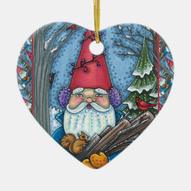 CHRISTMAS GNOME, SQUIRREL, WOODPECKER & CARDINAL CERAMIC TREE DECORATION (Front)
