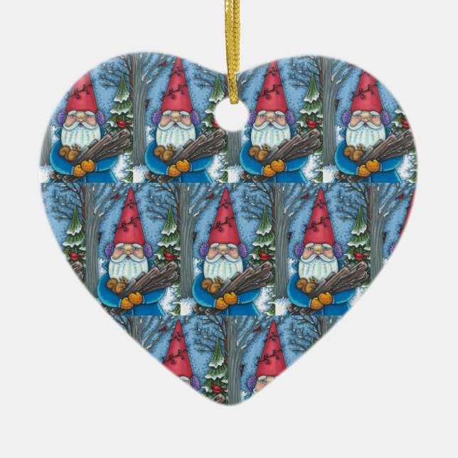 CHRISTMAS GNOME, SQUIRREL, WOODPECKER & CARDINAL CERAMIC TREE DECORATION (Front)