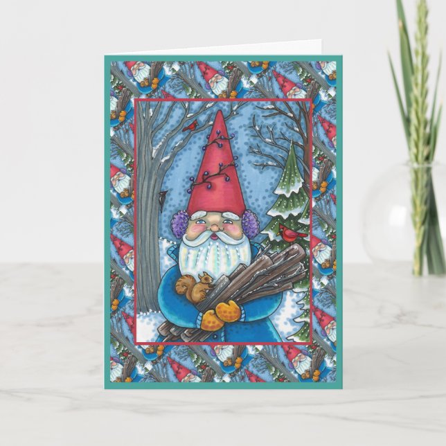 CHRISTMAS GNOME, SQUIRREL, WOODPECKER & CARDINAL HOLIDAY CARD (Front)