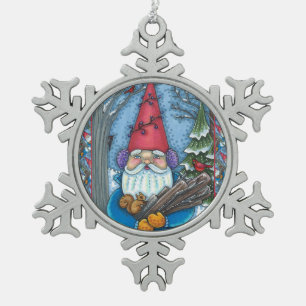 CHRISTMAS GNOME, SQUIRREL, WOODPECKER & CARDINAL SNOWFLAKE PEWTER CHRISTMAS ORNAMENT