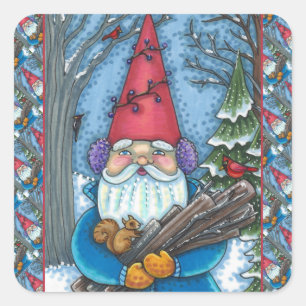 CHRISTMAS GNOME, SQUIRREL, WOODPECKER & CARDINAL SQUARE STICKER