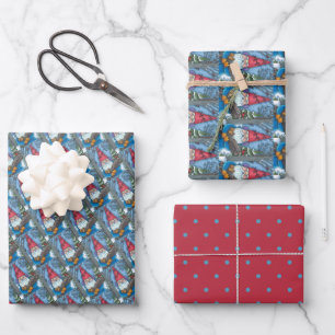 CHRISTMAS GNOME, SQUIRREL, WOODPECKER & CARDINAL WRAPPING PAPER SHEET